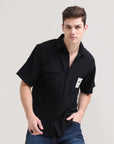 Night Shadow: Solid Black Oversized Half Sleeve Double Pocket Shirt