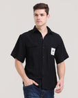 Night Shadow: Solid Black Oversized Half Sleeve Double Pocket Shirt