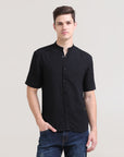 Midnight Classic: Solid Black Regular Fit Half Sleeve Shirt