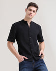 Midnight Classic: Solid Black Regular Fit Half Sleeve Shirt