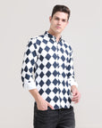 Nautical Elegance: Printed Navy Blue Slim Fit Shirt