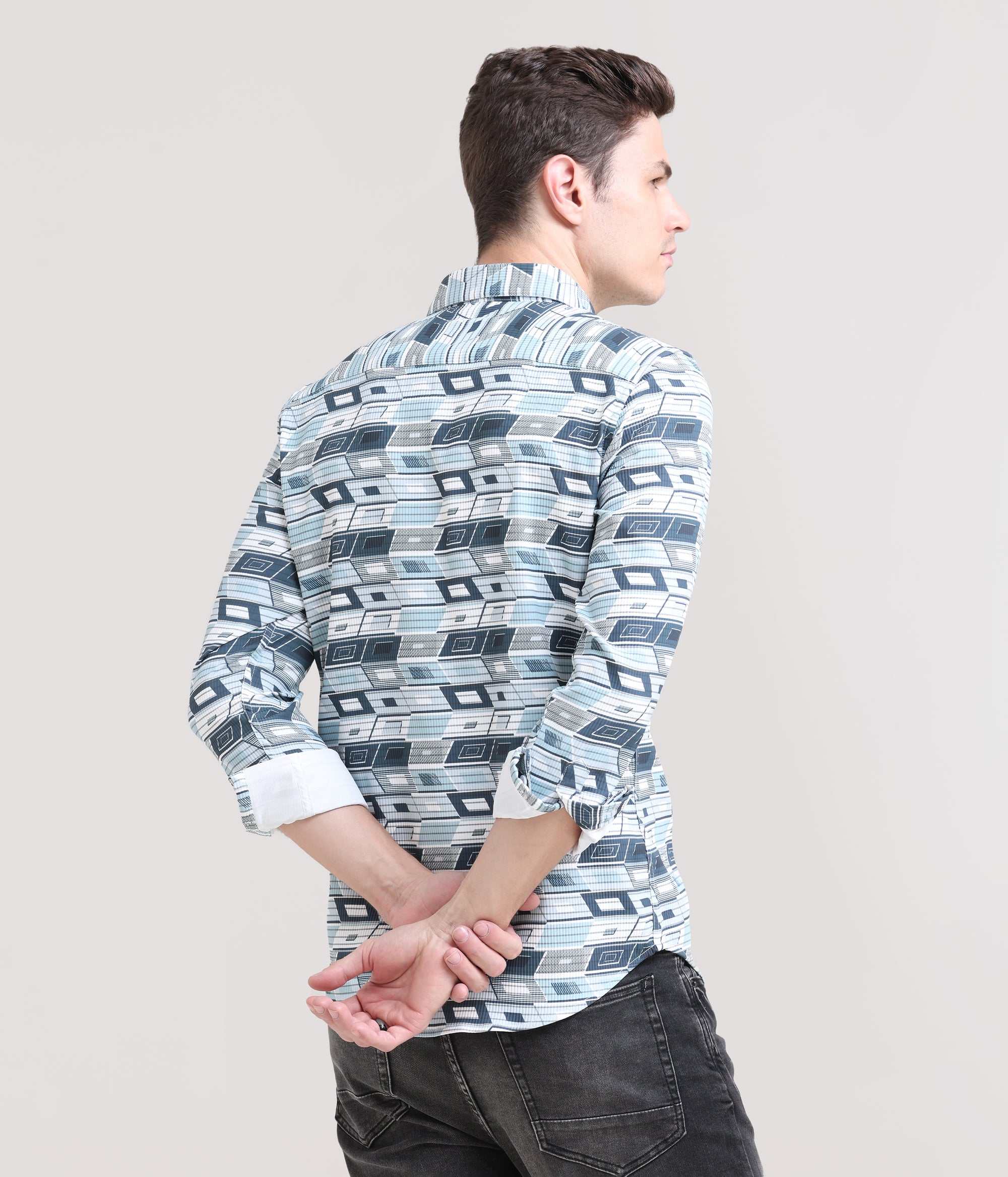 Pastel Breeze: Printed Mint Blue Tapered Fit Shirt