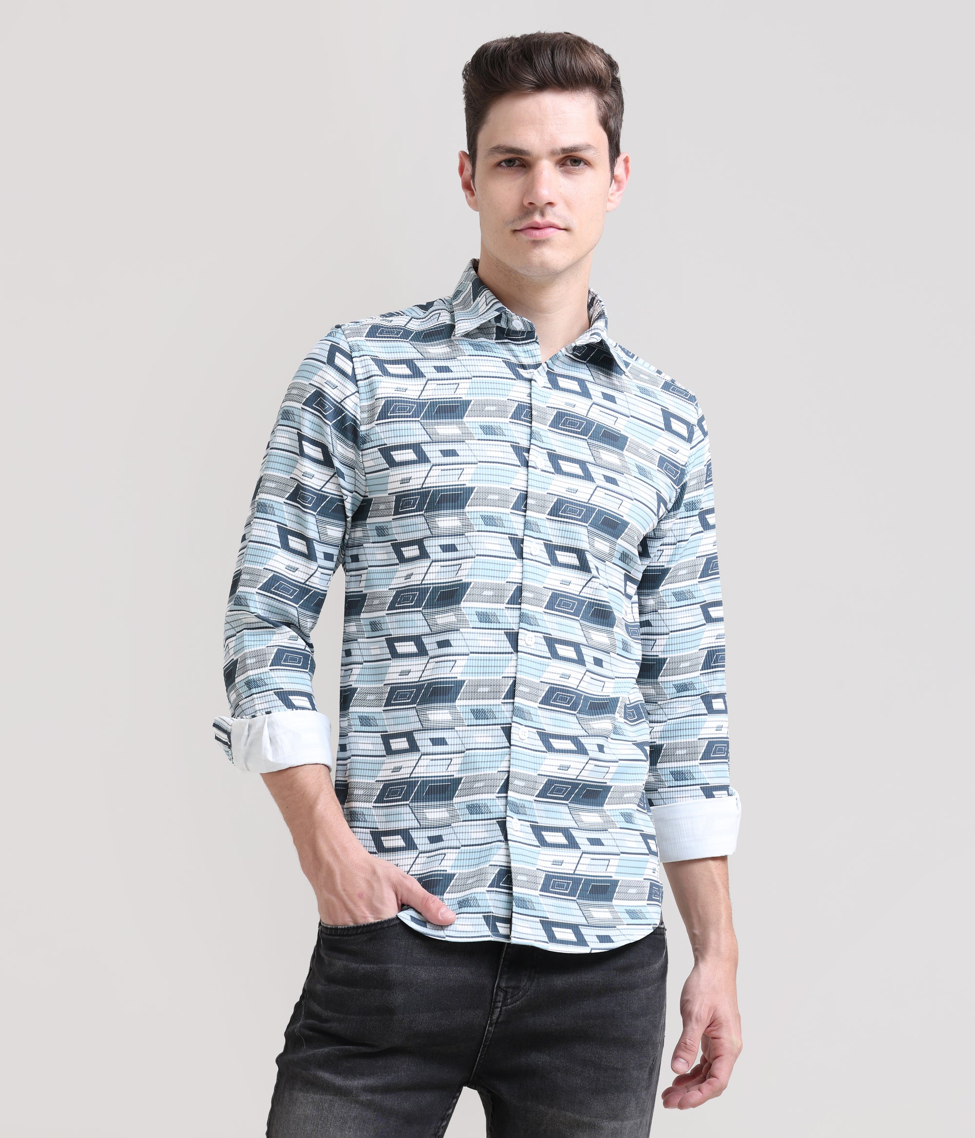 Pastel Breeze: Printed Mint Blue Tapered Fit Shirt