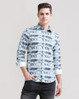 Pastel Breeze: Printed Mint Blue Tapered Fit Shirt