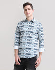 Pastel Breeze: Printed Mint Blue Tapered Fit Shirt