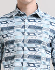 Pastel Breeze: Printed Mint Blue Tapered Fit Shirt