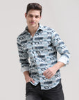 Pastel Breeze: Printed Mint Blue Tapered Fit Shirt