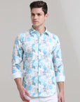 Azure Artistry: Printed Teal Blue Tapered Fit Shirt