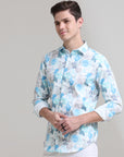 Azure Artistry: Printed Teal Blue Tapered Fit Shirt