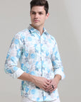 Azure Artistry: Printed Teal Blue Tapered Fit Shirt