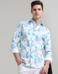 Azure Artistry: Printed Teal Blue Tapered Fit Shirt