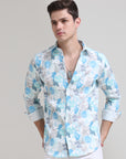 Azure Artistry: Printed Teal Blue Tapered Fit Shirt