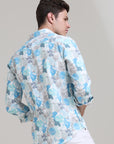 Azure Artistry: Printed Teal Blue Tapered Fit Shirt