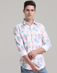 Blush Blossom: Printed Baby Pink Tapered Fit Full Sleeve Shirt