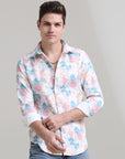 Blush Blossom: Printed Baby Pink Tapered Fit Full Sleeve Shirt