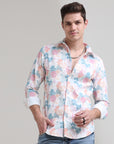 Blush Blossom: Printed Baby Pink Tapered Fit Full Sleeve Shirt