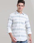 Slate Serenade: Printed Stone Blue Tapered Fit Shirt