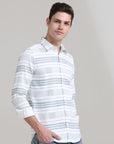 Slate Serenade: Printed Stone Blue Tapered Fit Shirt