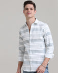 Slate Serenade: Printed Stone Blue Tapered Fit Shirt