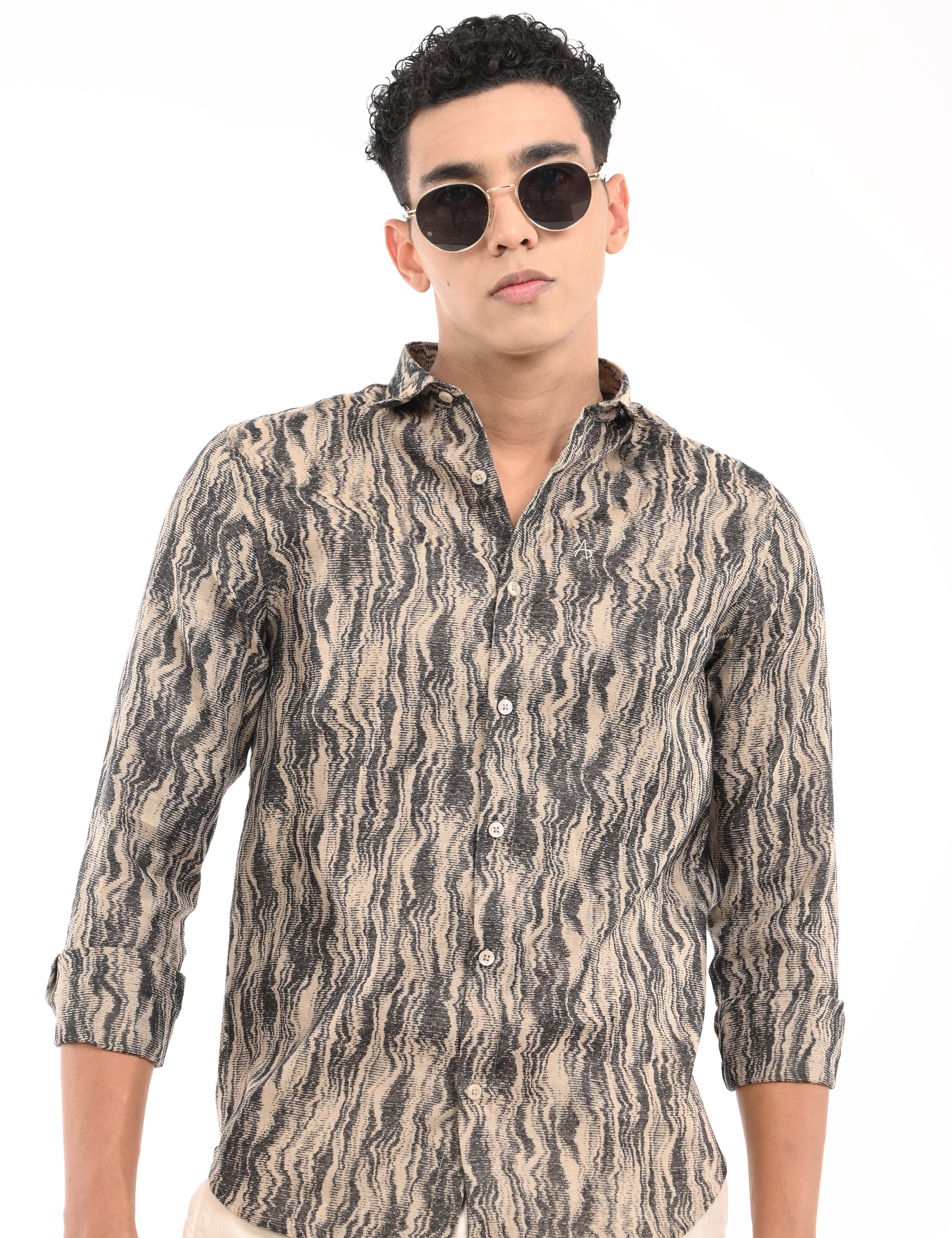 Full Sleeve Black &amp; Brown Printed Tapered Fit Shirt