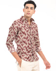 Wine Red Printed Tapered Fit Full Sleeve Shirt