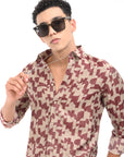 Wine Red Printed Tapered Fit Full Sleeve Shirt