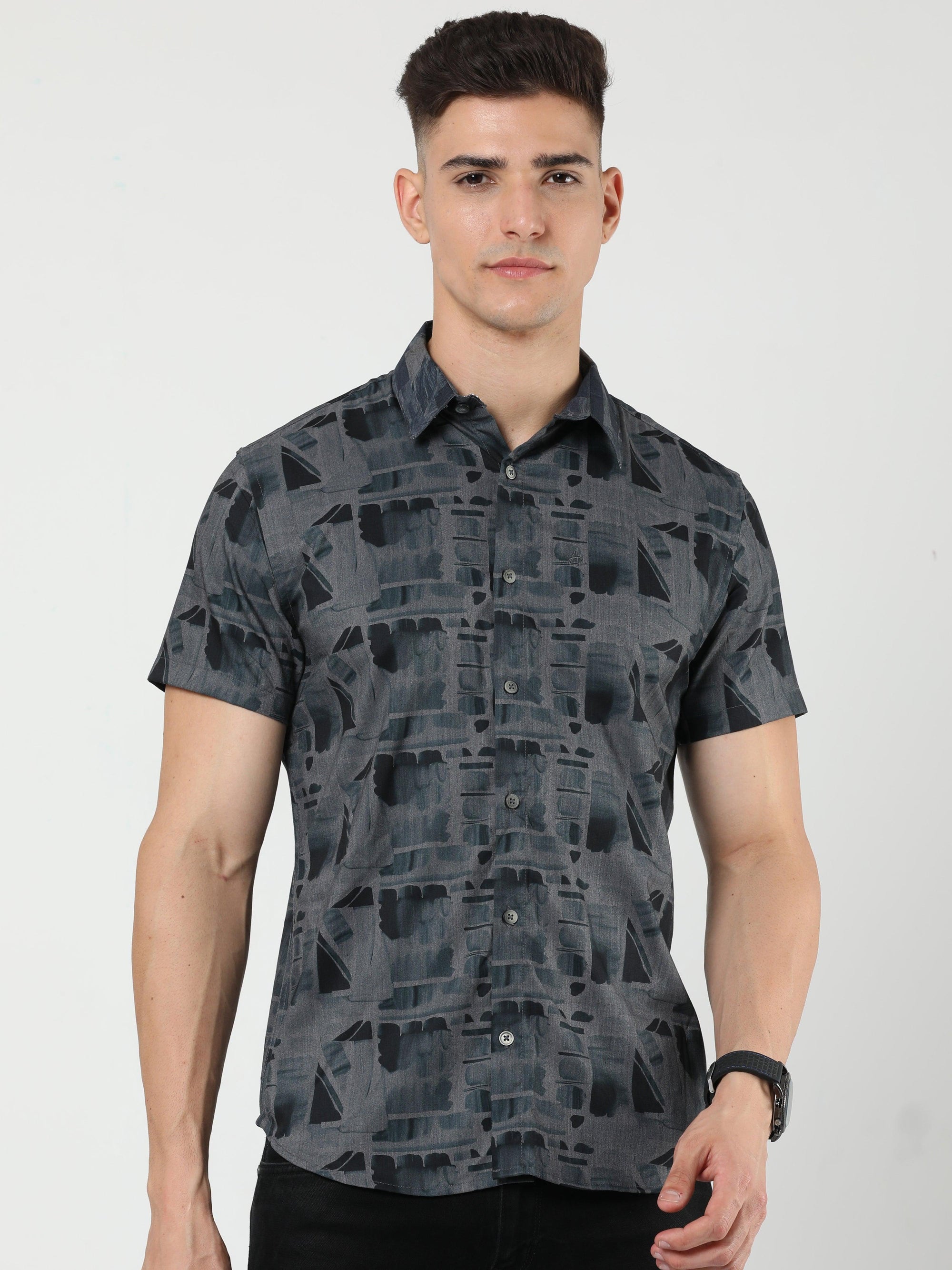 Chiton Charcoal Grey Print Shirts