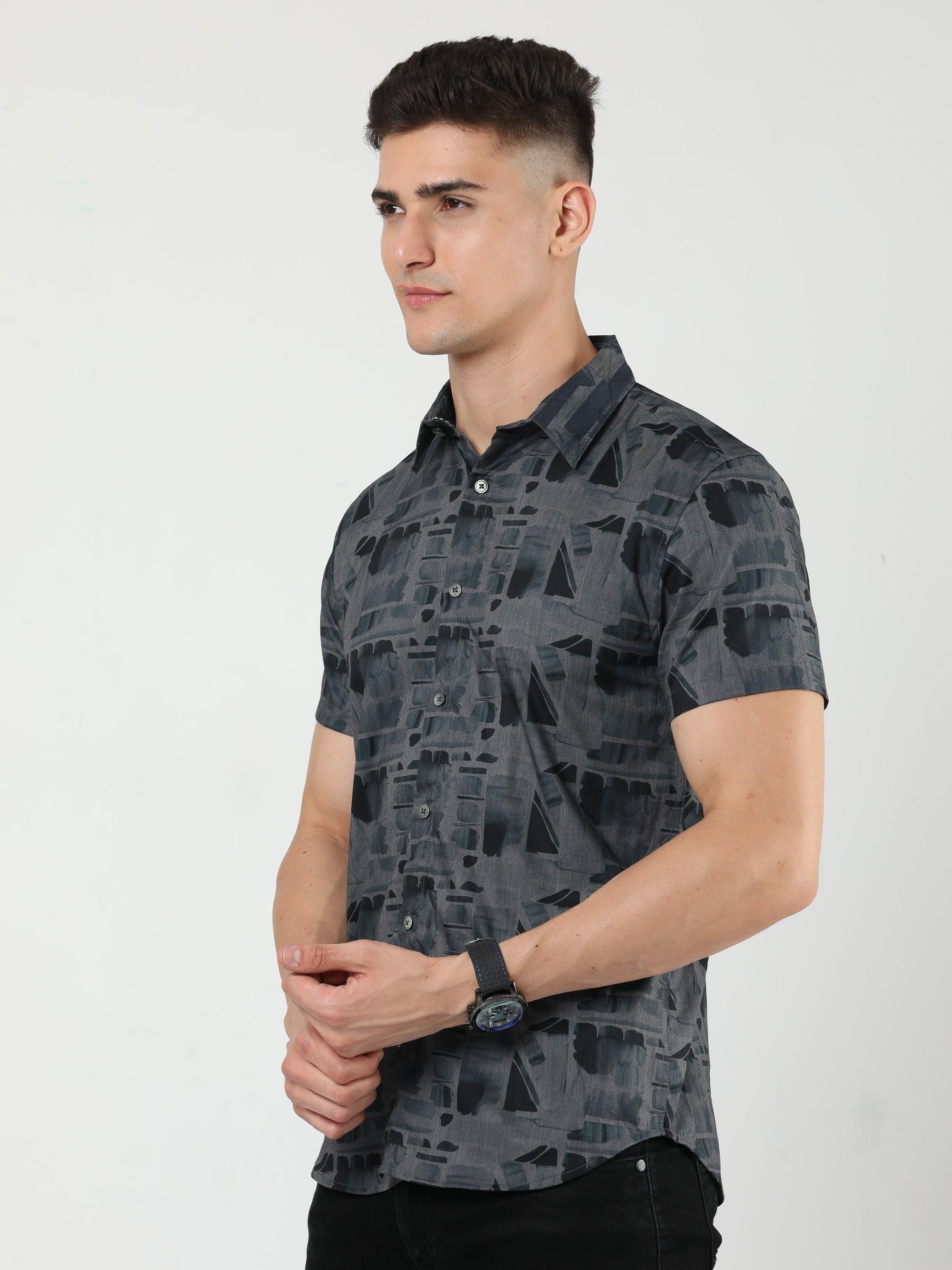 Chiton Charcoal Grey Print Shirts