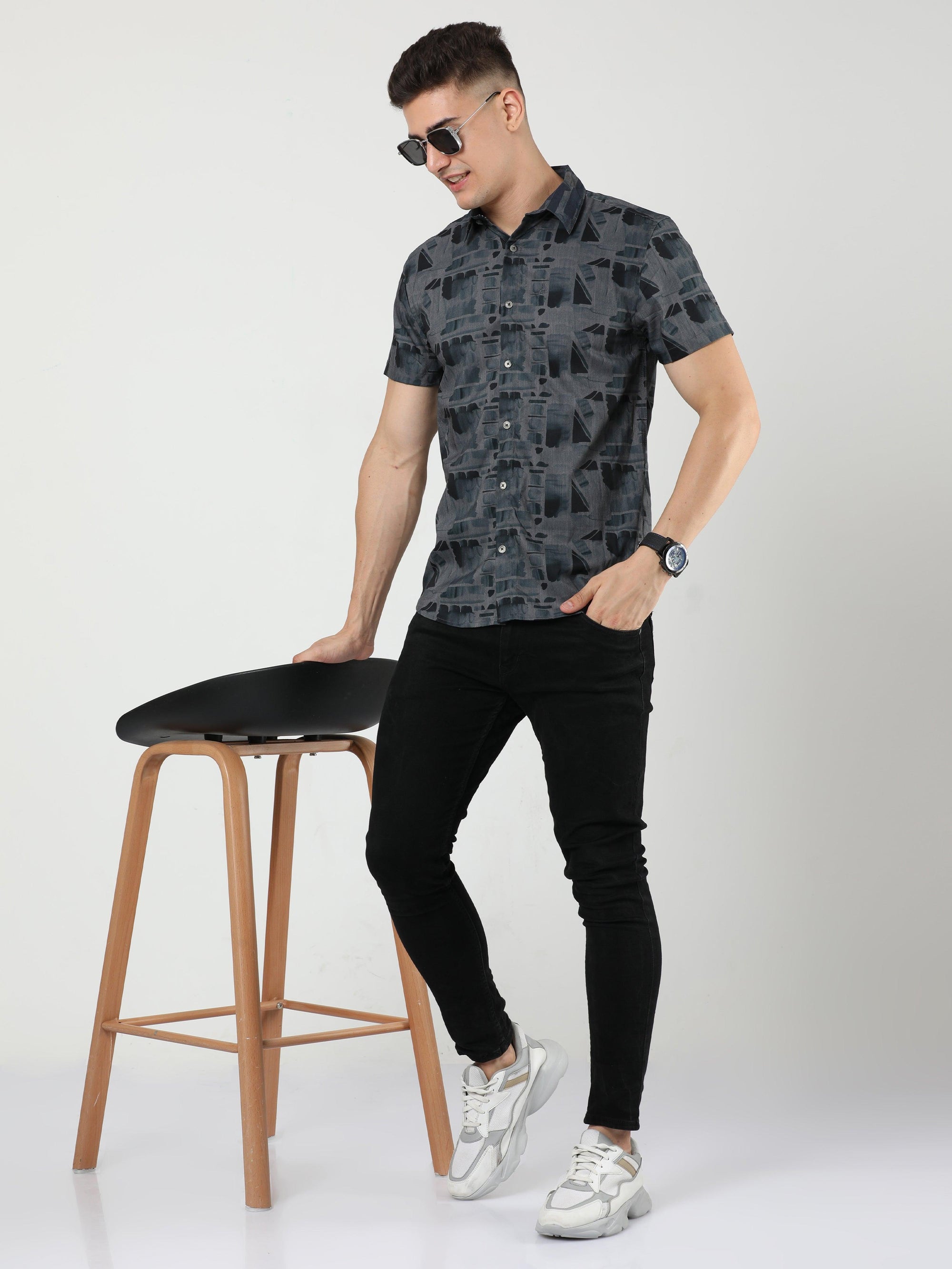 Chiton Charcoal Grey Print Shirts