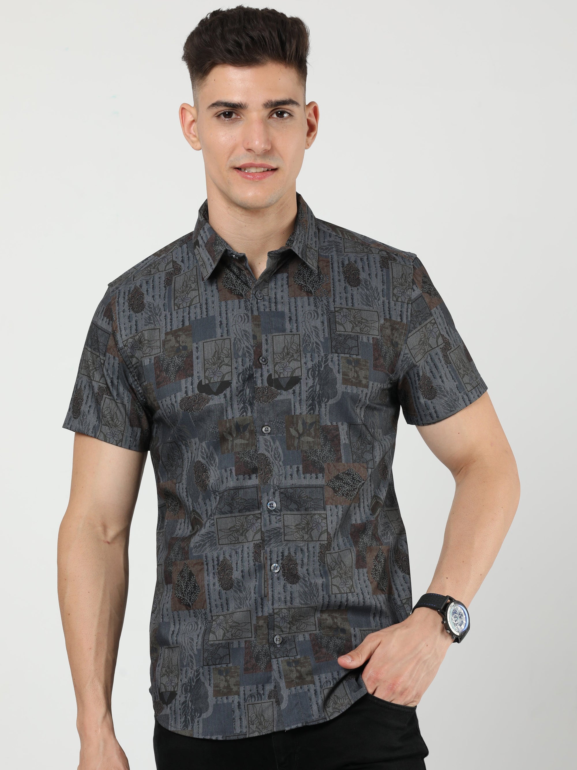 Chiton Dark Grey Printed Shirts