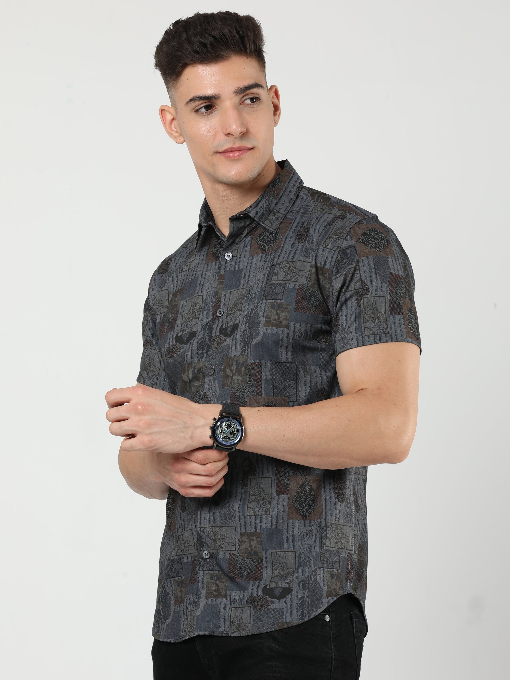 Chiton Dark Grey Printed Shirts