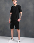 Cotton Comfortable Solid Half Co - Ord Set For Men-Black