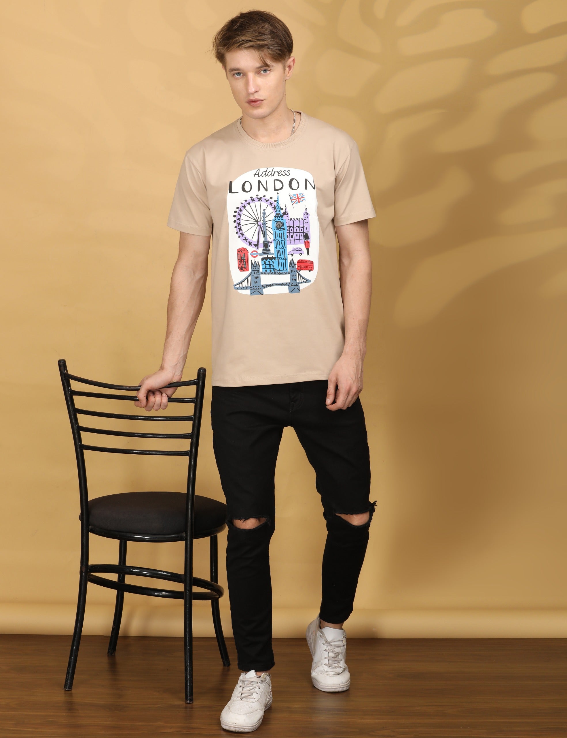 Round Neck Half Sleeve Regular Fit Beige T shirt