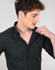 Cutaway Collar Solid Cotton Black Slim Fit Shirt