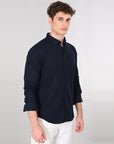 Cutaway Collar Solid Cotton Navy Blue Slim Fit Shirt