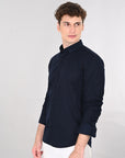 Cutaway Collar Solid Cotton Navy Blue Slim Fit Shirt