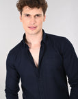 Cutaway Collar Solid Cotton Navy Blue Slim Fit Shirt