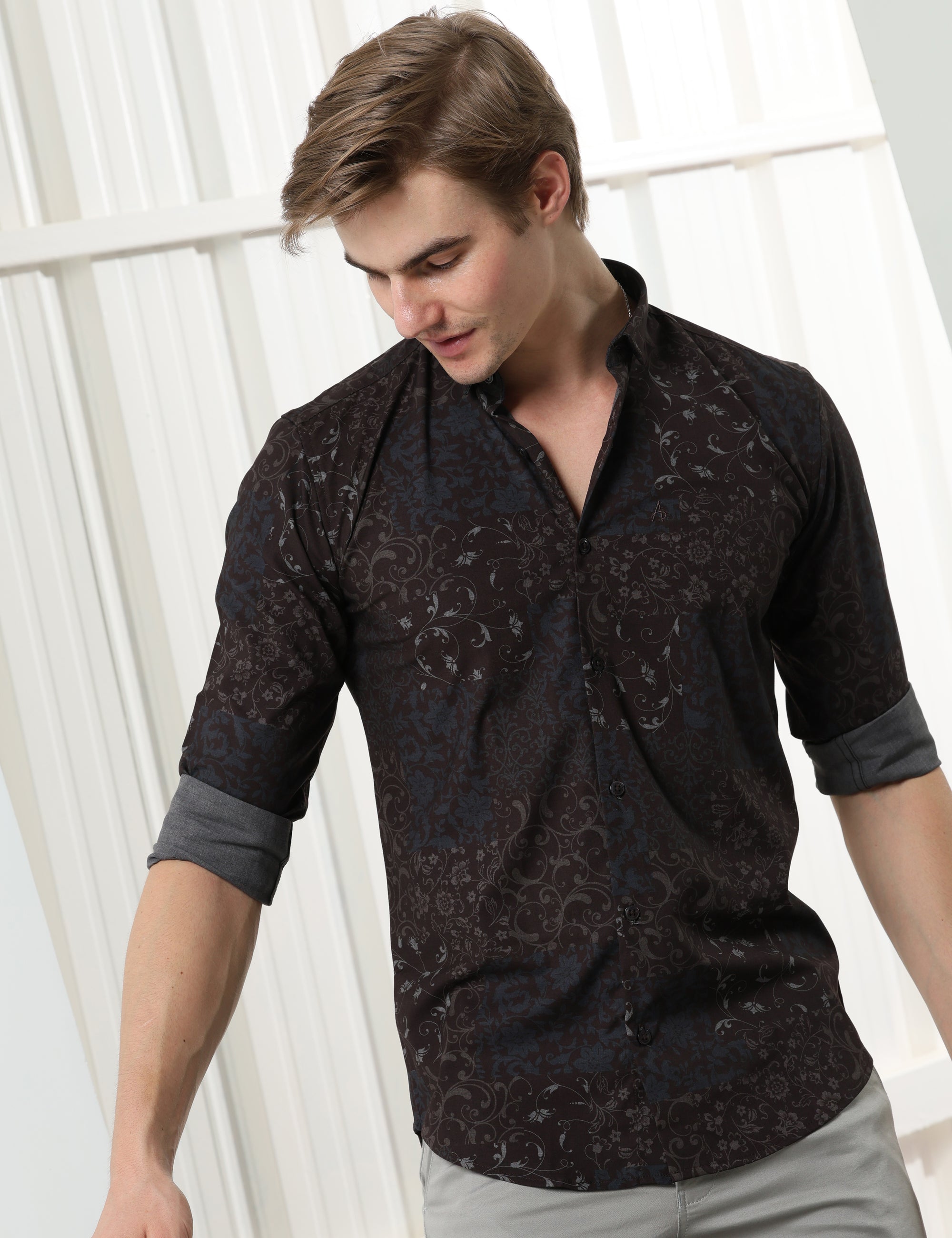 Coffee Brown floral slim fit shirts