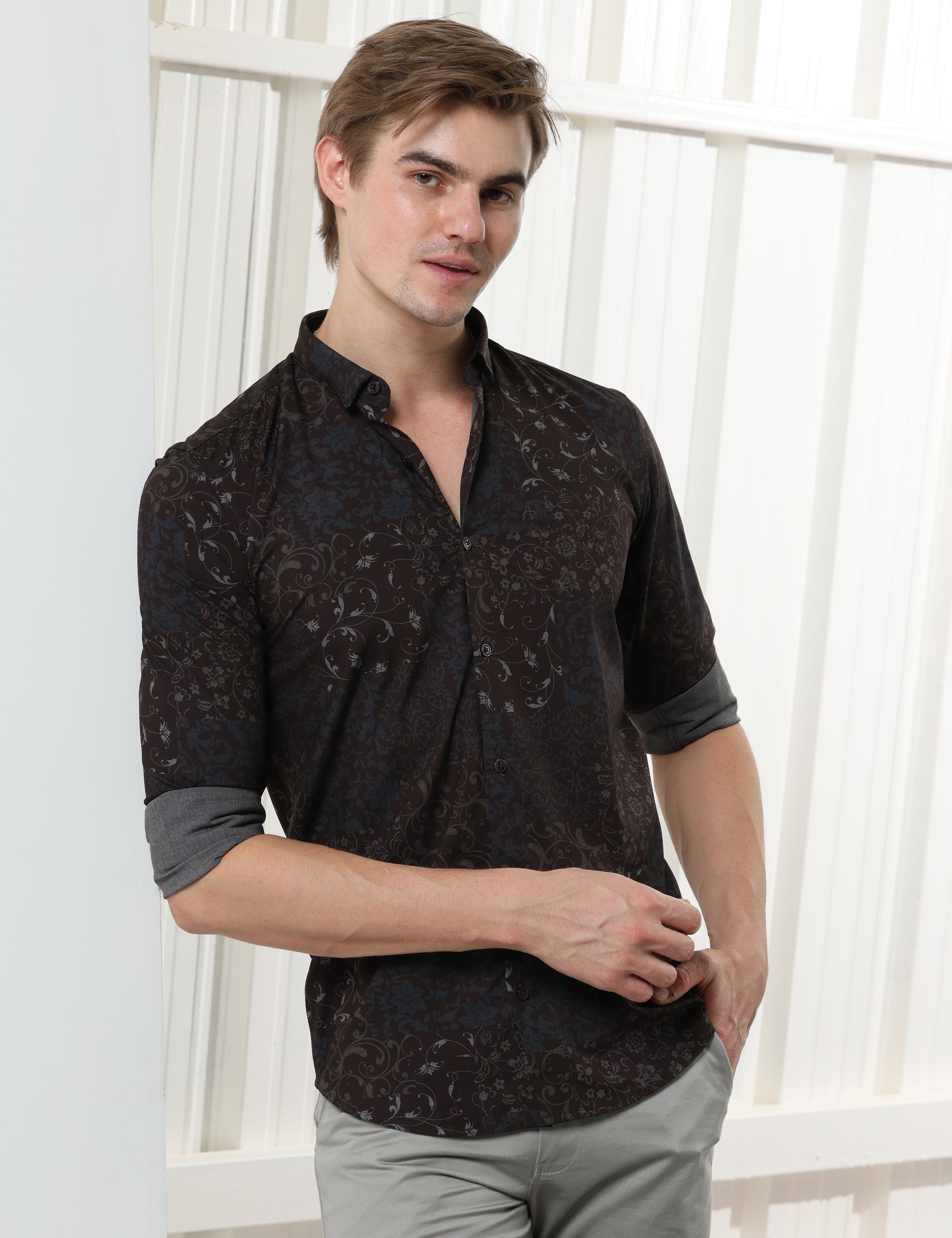 Coffee Brown floral slim fit shirts