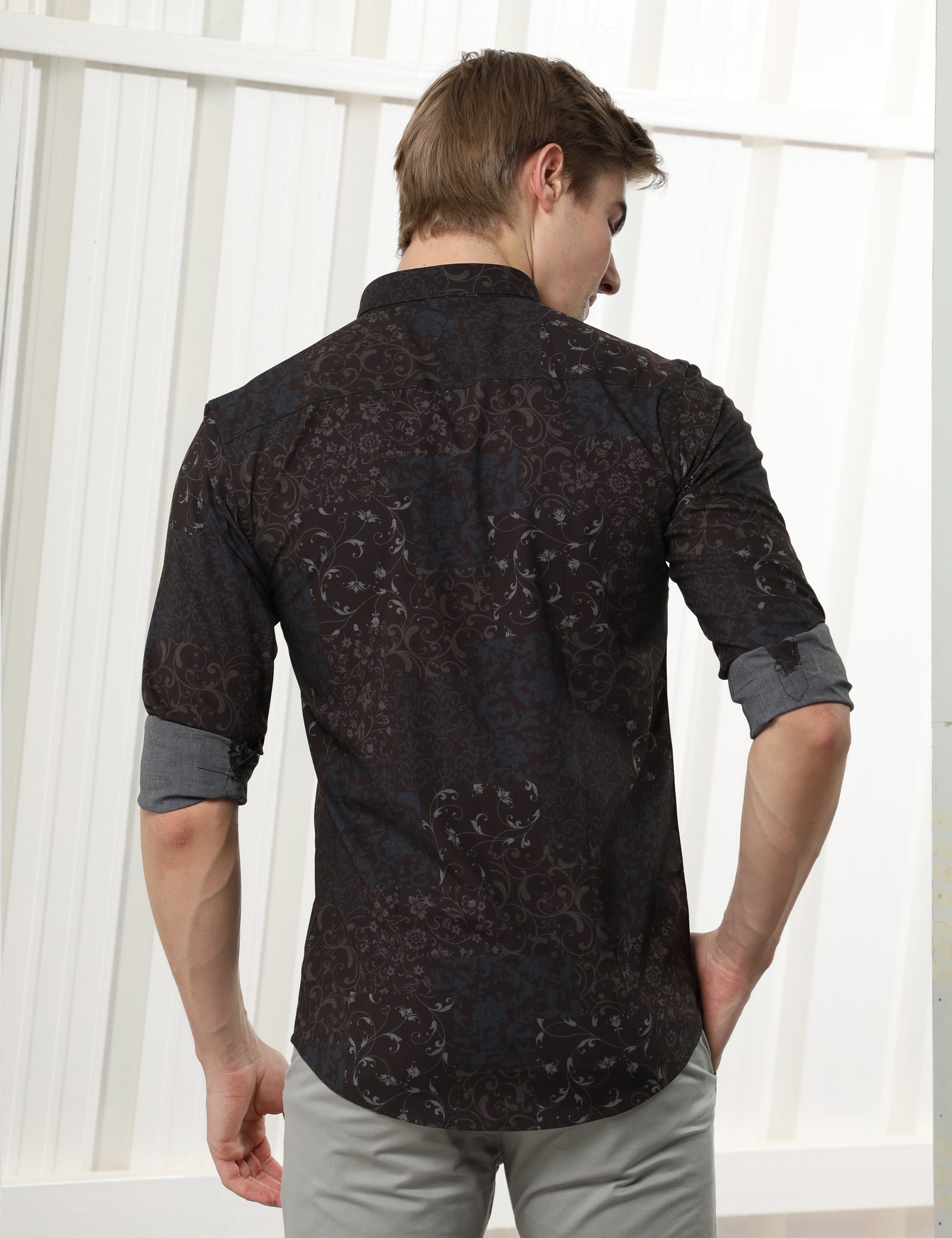 Coffee Brown floral slim fit shirts