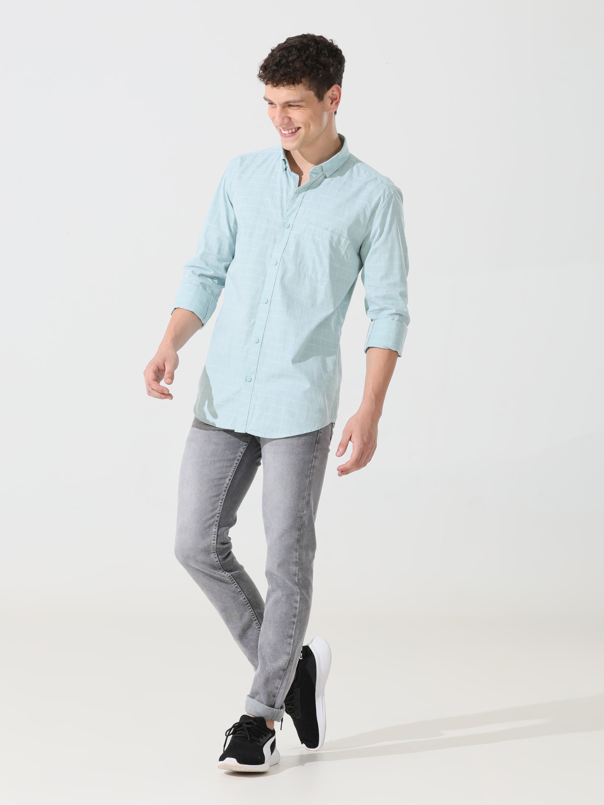 Pastel green check slim fit shirt