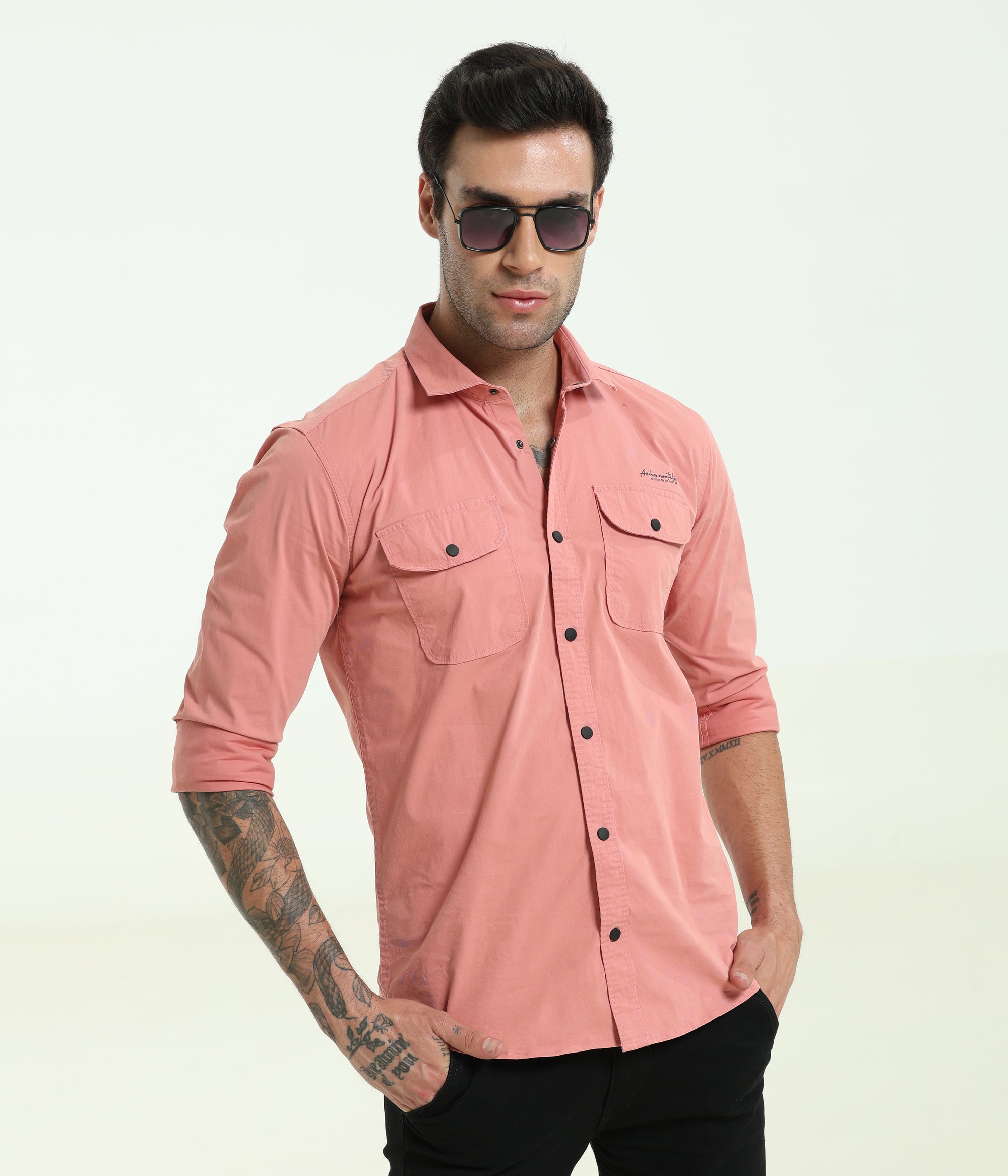 Peachy Pink Double Pocket Slim Fit Shirt