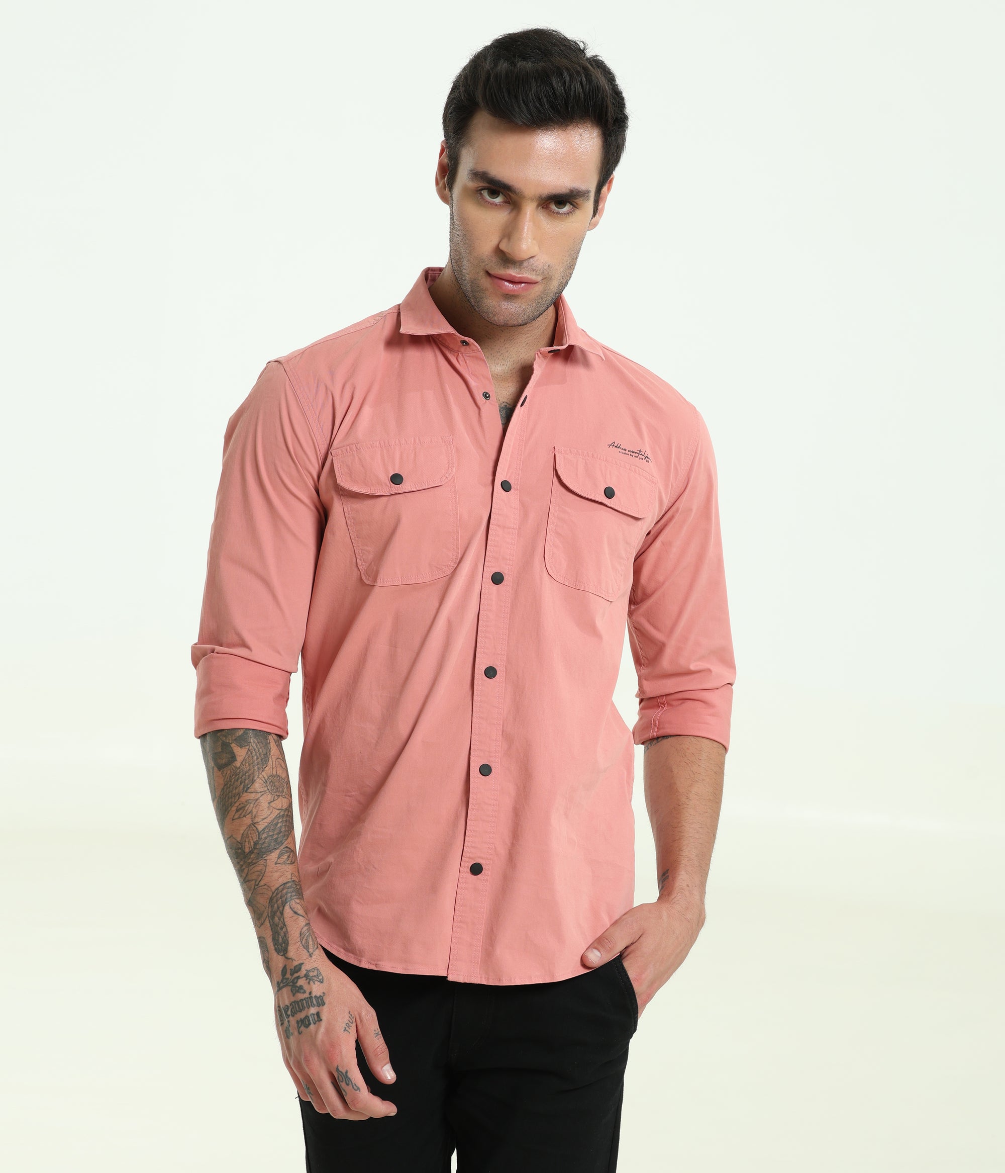 Peachy Pink Double Pocket Slim Fit Shirt