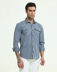 Cadet Blue Double Pocket Slim Fit Shirt