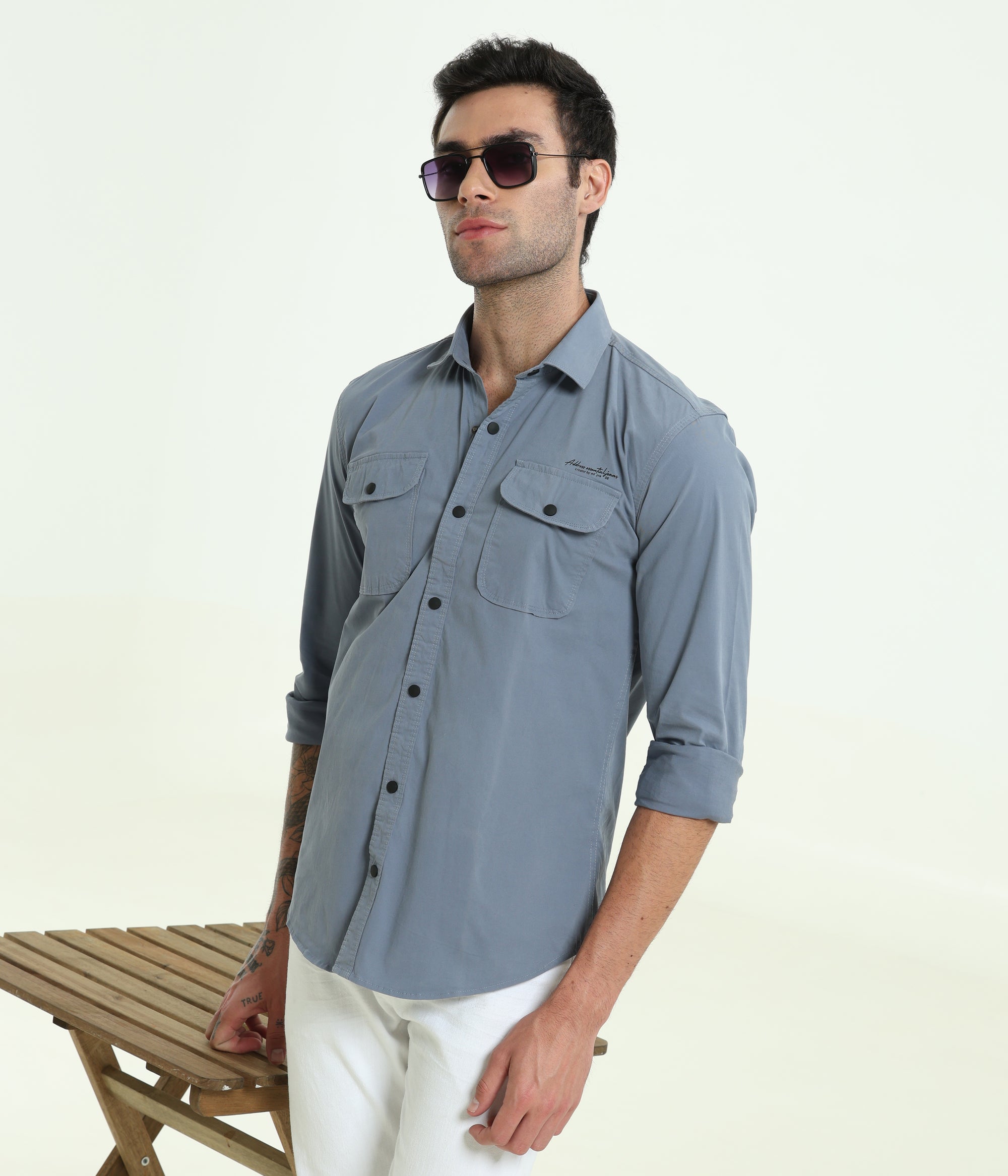 Cadet Blue Double Pocket Slim Fit Shirt