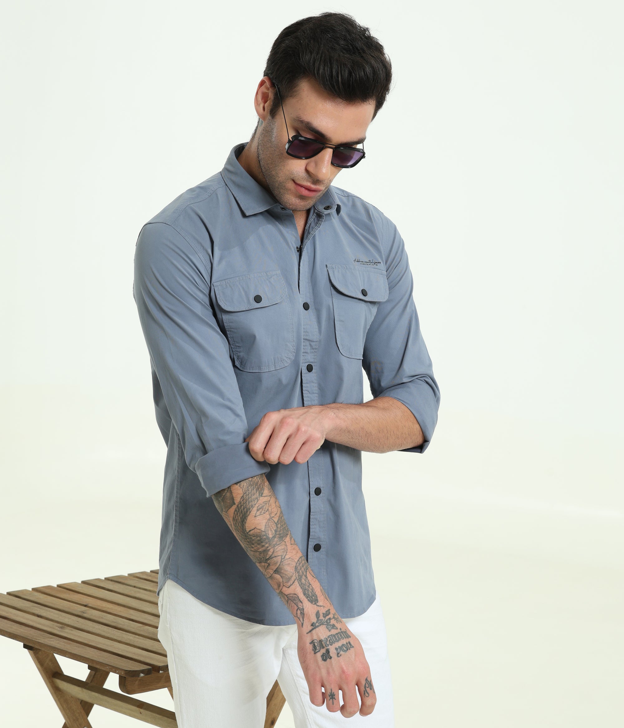 Cadet Blue Double Pocket Slim Fit Shirt