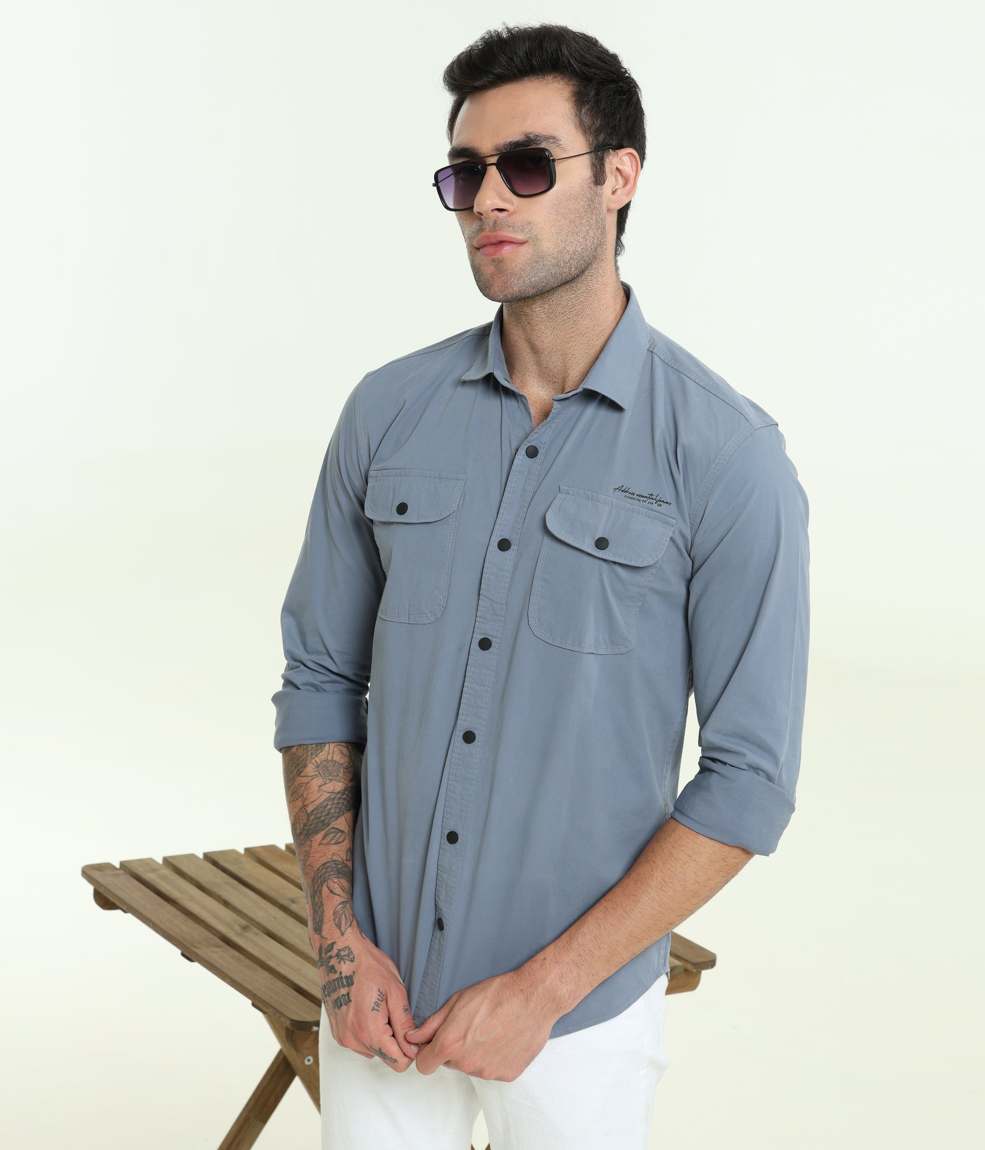 Cadet Blue Double Pocket Slim Fit Shirt