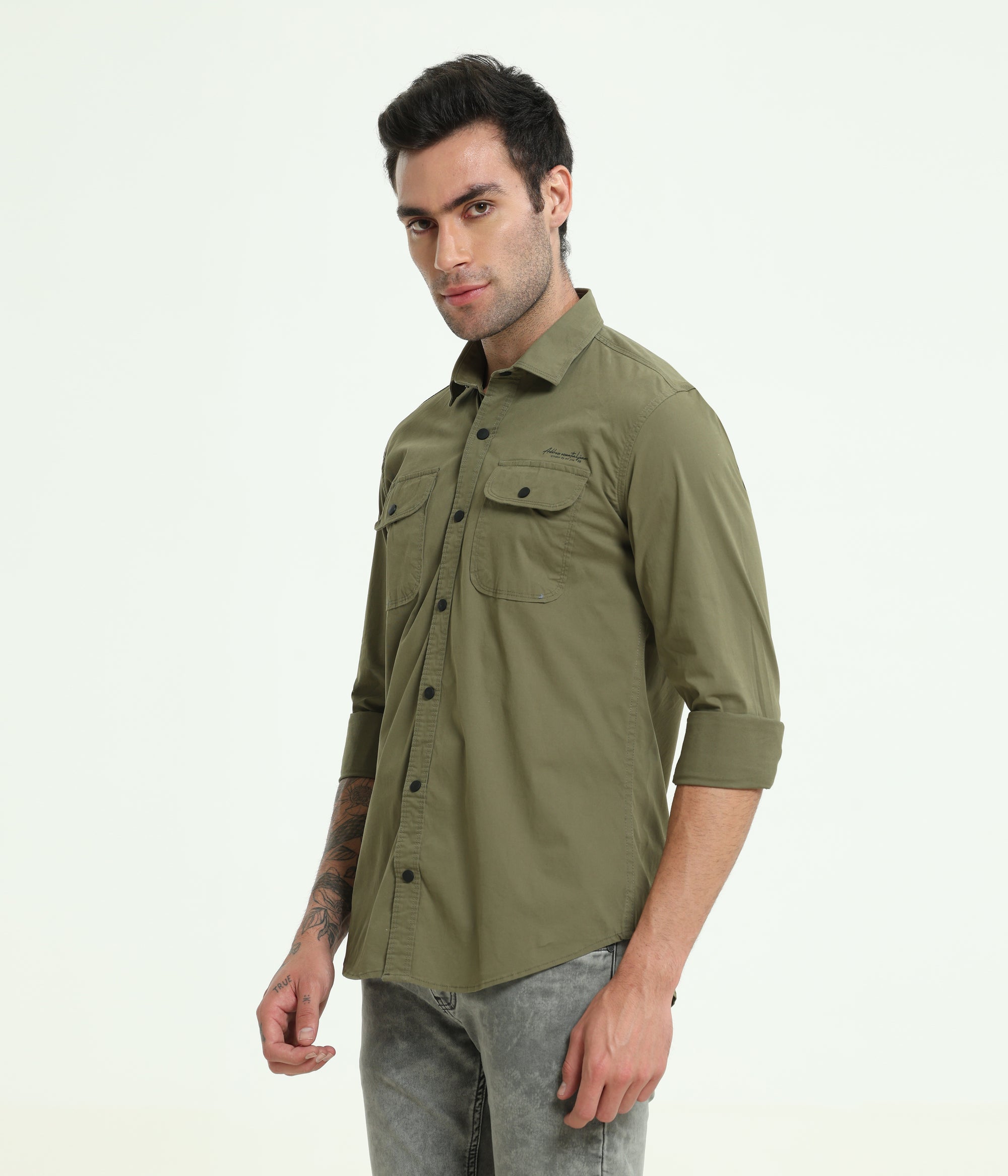 Olive Double Pocket Slim Fit Shirt