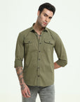 Olive Double Pocket Slim Fit Shirt