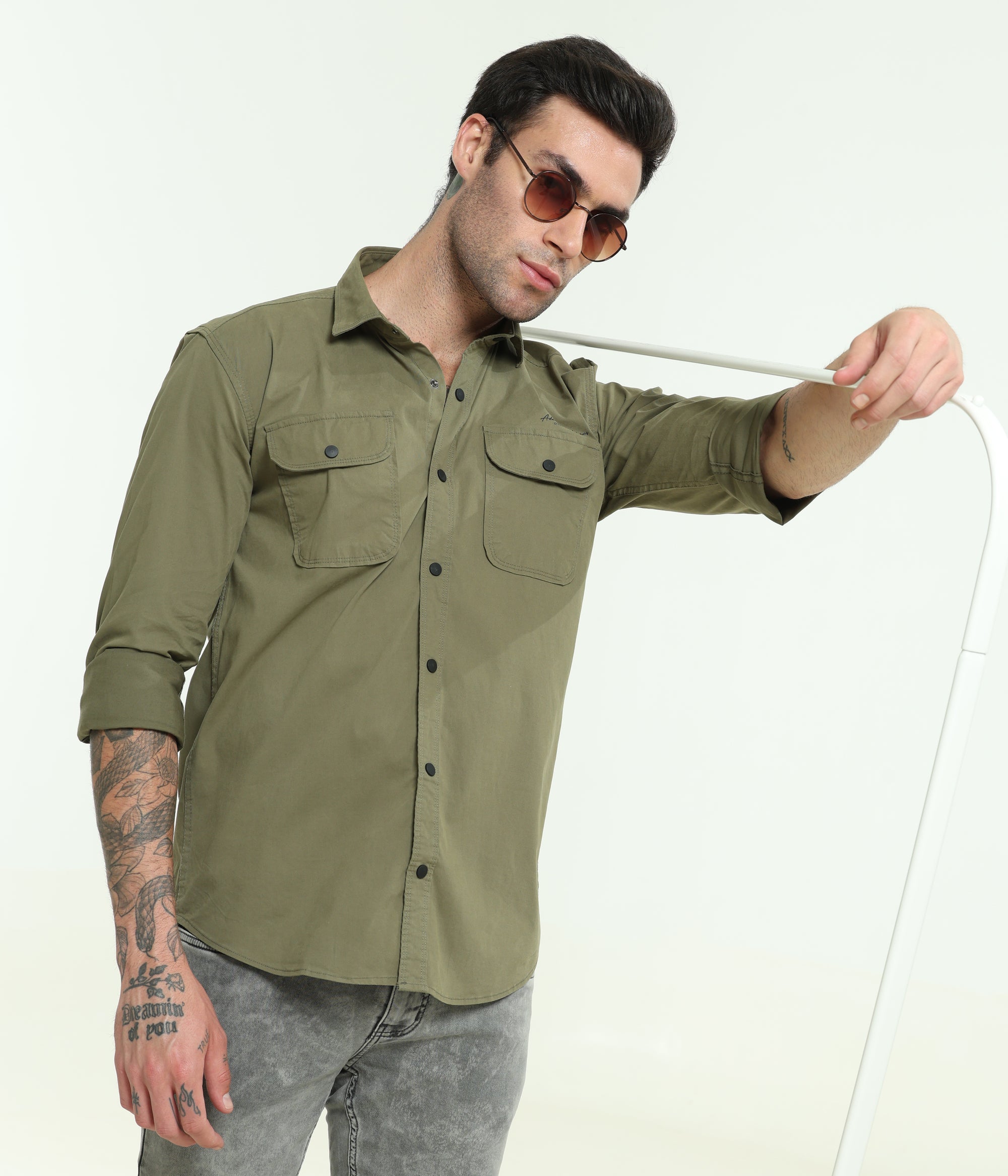 Olive Double Pocket Slim Fit Shirt